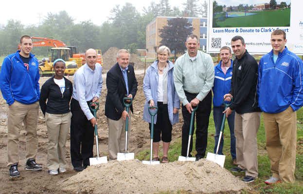 In attendance at the Clark’s Court groundbreaking were, from left to right: James Philbrook ’14, Sarah Assante ’15, Brian Curtin, Dr. Jim Dlugos, Christine Noonan, Edward Noonan, Spenser Adams ’12, Rob Sanicola ’99, and Nicholas Jobin ’14.