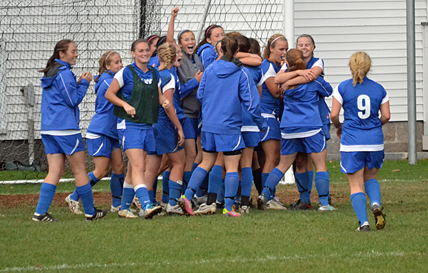 Monks celebrate 1-0 win over Lasell College - photo courtesy of Lasell SID Office